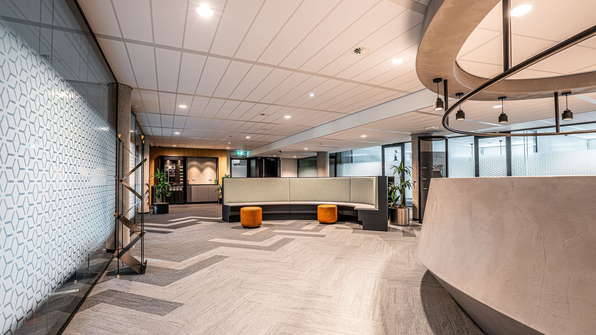 Modern corporate reception lobby in a professional workplace
